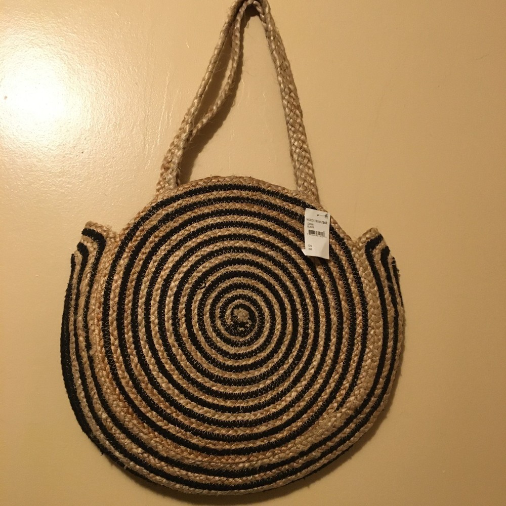 Rattan Circular  Black/Tan Beach Bag NWT